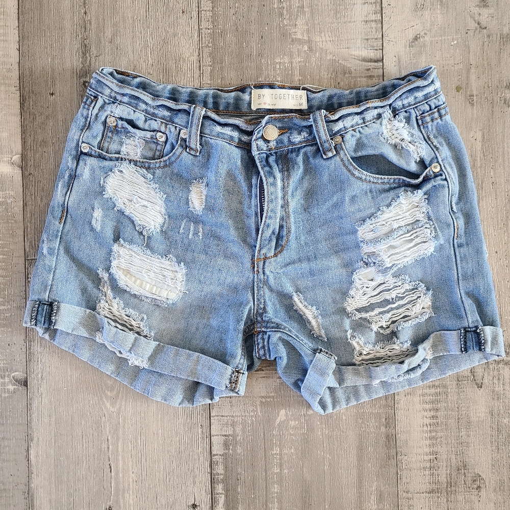 Women's Distressed Denim Mid-Rise Shorts